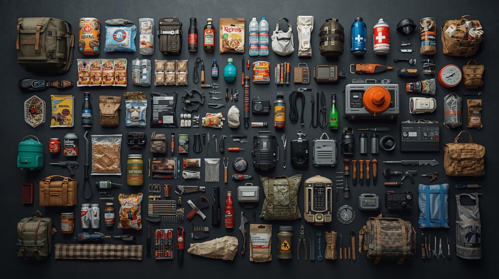 An overhead view of various survival gear, including backpacks, food rations, water bottles, tools, and first-aid supplies, arranged on a dark surface.