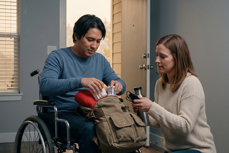 Two adults, one using a wheelchair, are organizing emergency supplies from a backpack inside a room with a door and window.