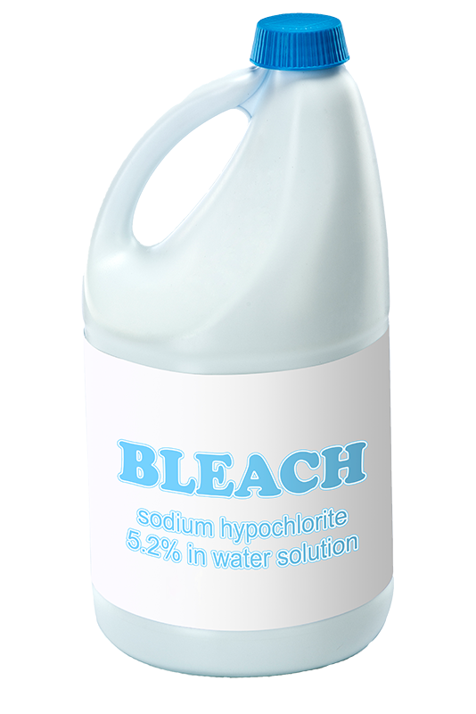 White one gallon bottle with a blue lid. Text on bottle lablel reads, "Bleach, sodium hypochlorite 5.2% in water solution.