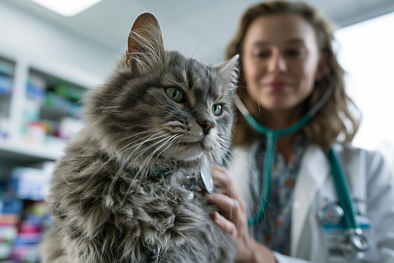 A woman veterinarian wearing a white coat is using a stethoscope to examine a fluffy gray cat in a veterinary clinic.