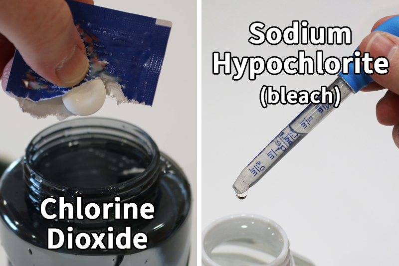 Tablet of chlorine dioxide being dropped into a water bottle and a dropper putting drops of sodium hypochlorite liquid bleach into a bottle of water.