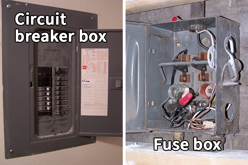 Modern circuit breaker box and older fuse box.