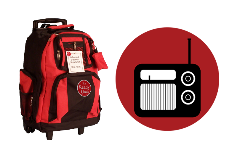 Red backpack next to a logo for communication showing radio on red background.