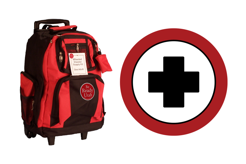 Red backpack next to a logo for first aid showing a cross on a white circle on red background.
