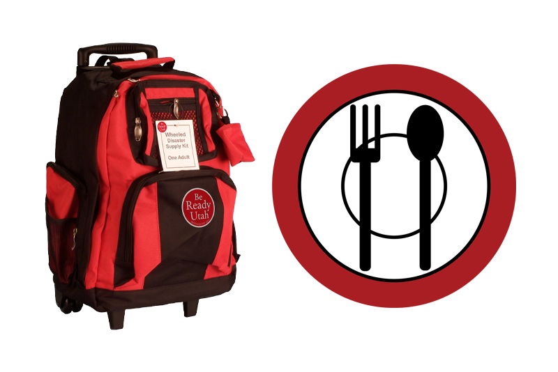 Red backpack next to a logo of a plate, fork, and spoon, representing food.