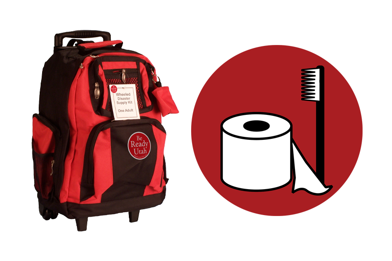 Red backpack next to a logo of a roll of toilet paper and a toothbrush representing hygiene and sanitation.