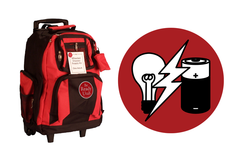 Red backpack next to a logo of a light bulb, lightning bolt, and battery representing light and power.