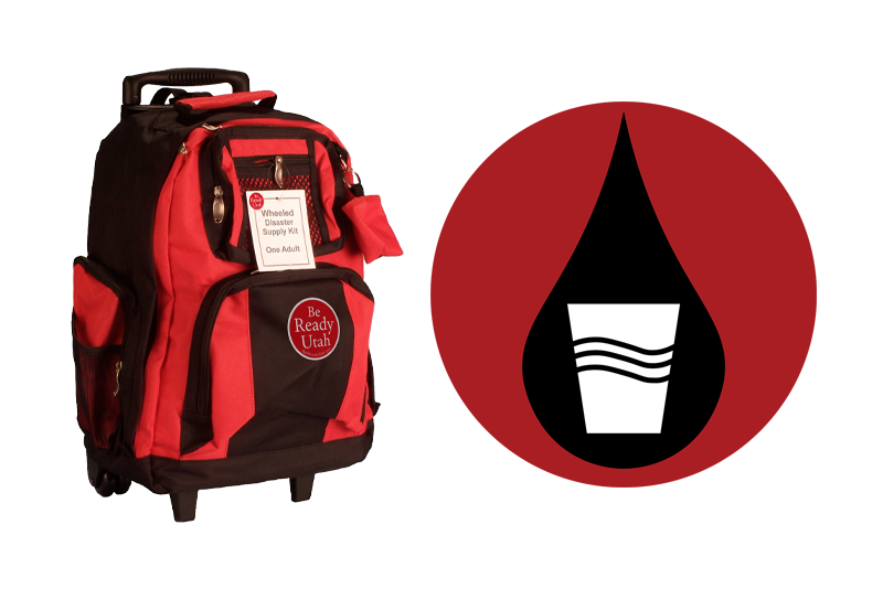 Red backpack next to a logo of a drinking cup in front of a water drop, representing water storage and treatment.