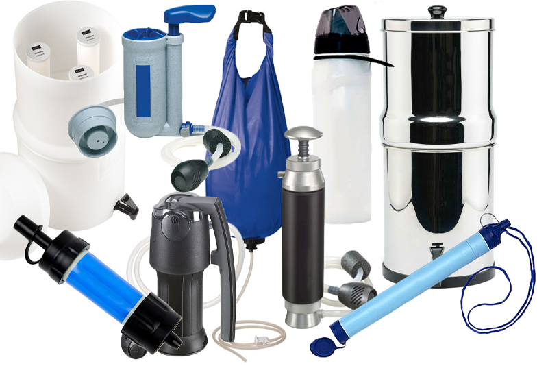 Various gravity fed, pump, straw, and water bottle filters.