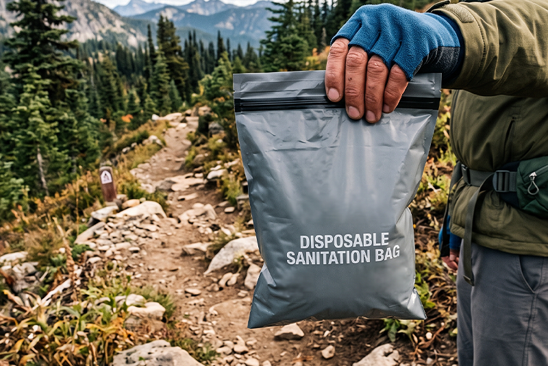 On a hiking trail in the mountains, a man's hand is shown holding a gray, disposable sanitation bag.