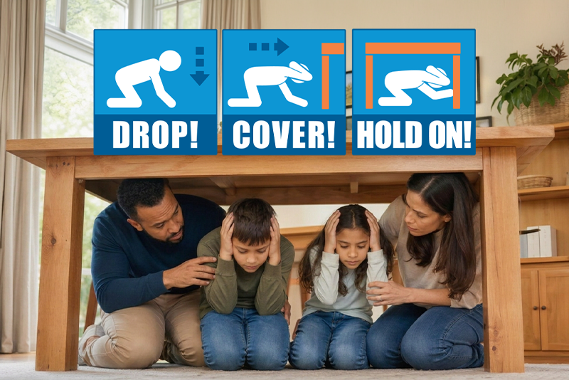 A family of four kneel under a wooden table with their hands on their heads practising the protective action for earthquake. Text above them says "drop, cover, hold on."