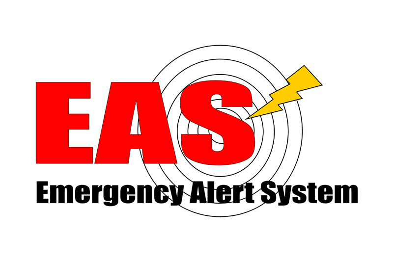 Logo for the Emergency Alert System consisting of the letters E A S bold and in red next to a yellow lightning bolt and black concentric rings behind the S implying emitted sound waves.