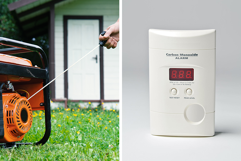 An orange and black gas powered generator sits on a backyard lawn. A hand is pulling on the starter rope. Next image shows a standard wall mounted carbon monoxide detector with a digital readout.