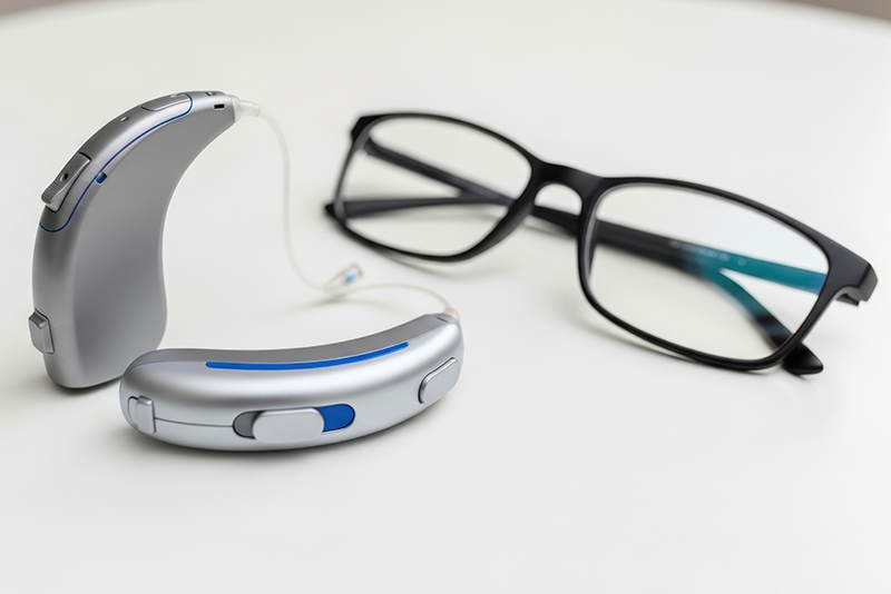 A pair of black-framed eyeglasses rests next to two silver and blue hearing aids connected by a thin wire on a white surface.