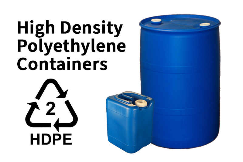 High Density Polyethylene containers showing the number two recycle symbol next to a five gallon and 55 gallon blue water storage container.