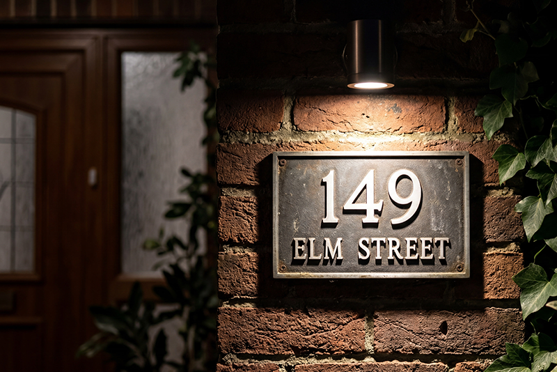 A house address plate reading 149 Elm Street is lit by an electrical light above it at night. It hangs on a brick wall near the entrence to the house's front door.