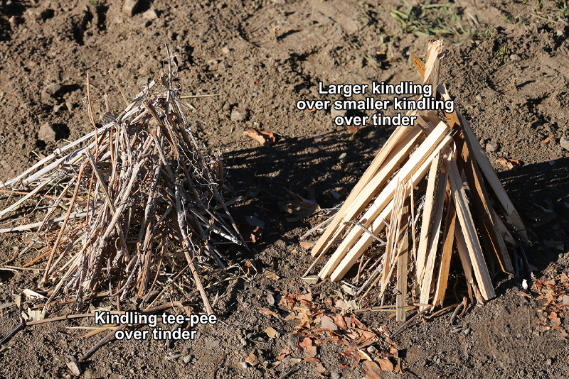 A small pile of sticks with text "Build small kindling over the tinder pile." Another pile of slightly larger sticks with text "Build from matchstick size to pencil size."