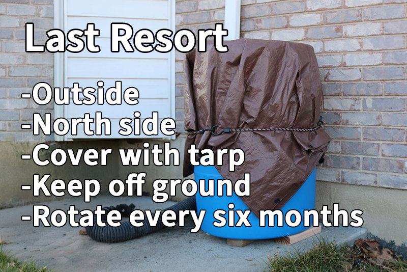 55 gallon water storage barrel stored outside on two-by-fours to elevate it above the ground, and covered by a tarp. Text reading: Last resort, outside, north side, cover with tarp, keep off ground, rotate every six months.