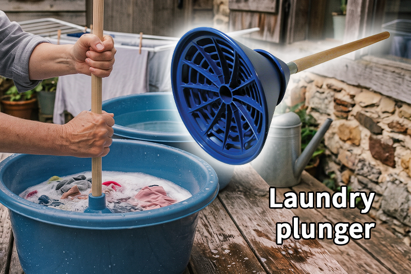 A plunger laundry washer being used in a tub of soapy water and laundry. A second plunder is tipped on its side showing the underside with holes allowing the water to be pushed and pulled through clothing being washed.