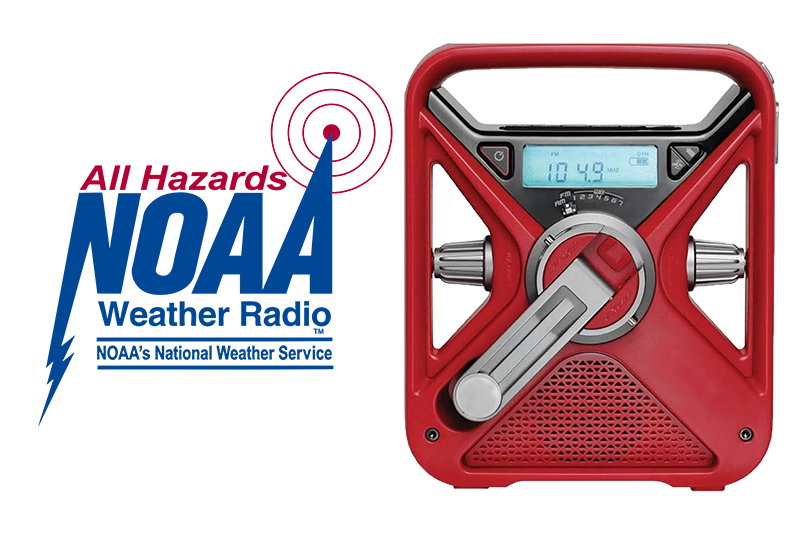A red NOAA All Hazards Weather Radio with a digital display and a large crank handle is shown next to the NOAA Weather Radio logo.