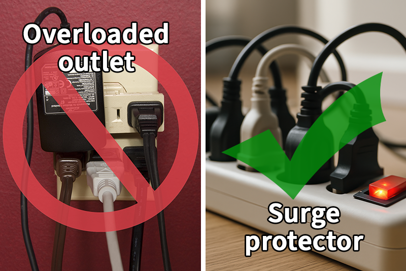 An electrical wall outlet with too many plugs plugged into it. A red slash implies this is not safe. A surge protector with multiple items plugged into it and a green check mark implies that this is the safe way.