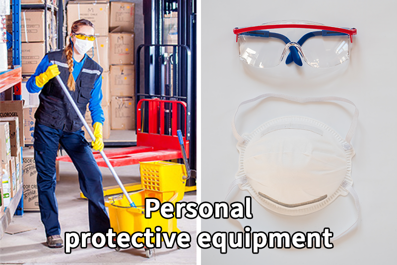 A woman wearing rubber gloves, goggles, and a mask as she is mopping a floor in a warehouse. Second image os of protective lenses and a mask. Text reads personal protective equipment.