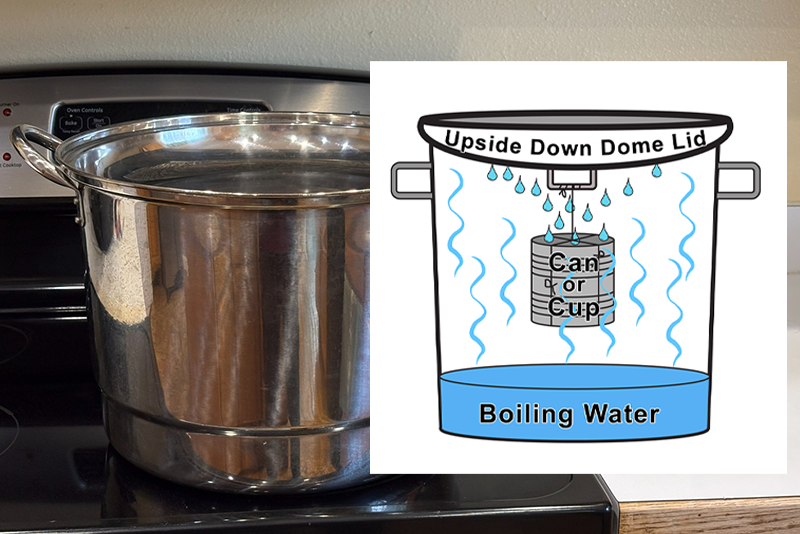 Illustration of the inside of a stockpot with upside down lid, a can is suspended from the handle of the upside down lid, and water is boiling in the bottom of the stockpot producing steam that condenses on the lid and drips into the can. Illustration is superimposed on an image of a stockpot on a stove.