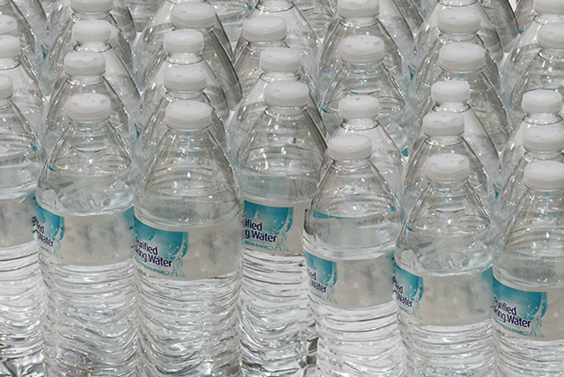 A case of store-bought bottled water.