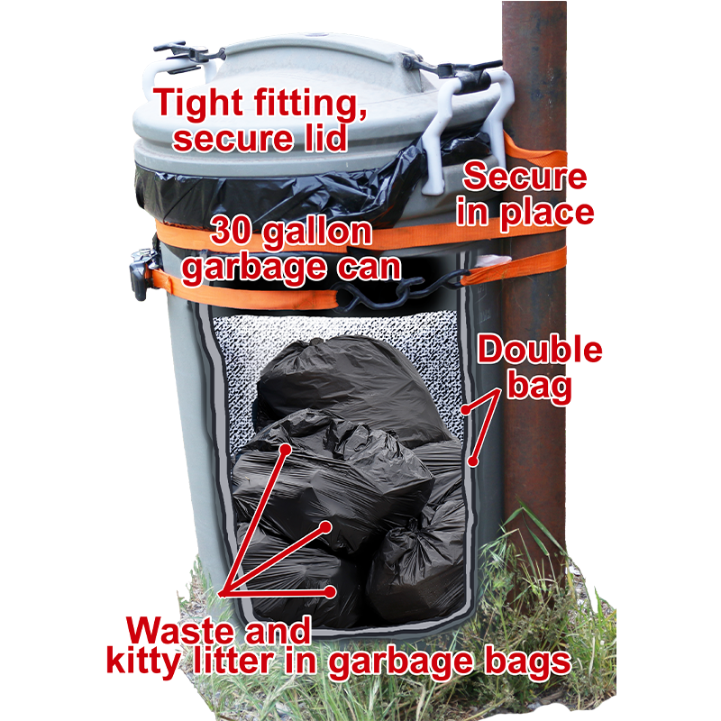 A 30 gallon garbage can with a tight fitting, secure lid securely strapped to a metal post. A cut away shows the inside of the can. It is lined with two heavy-duty garbage bags and is half filled with other garbage bags, each containing waste and kitty litter.