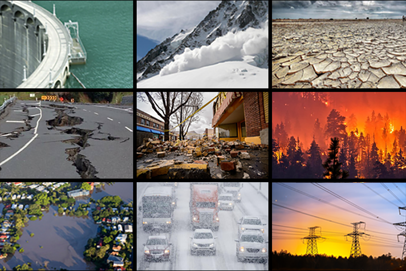 A collage showing various natural disasters and environmental events including a dam, avalanche, drought, earthquake damage, earthquake aftermath with debris, wildfire, flooding, snowy traffic, and power lines at sunset.