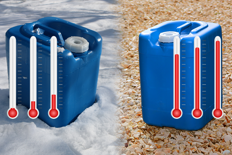 Two water storage jugs in snow and heat with thermometers showing extremes in temperatures.