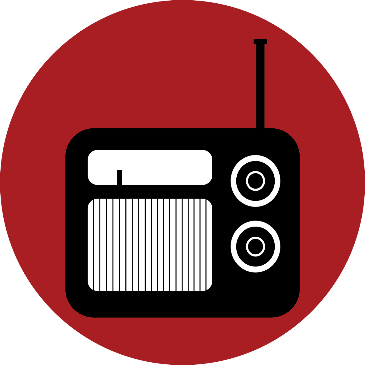 Logo for communication showing radio on red background.