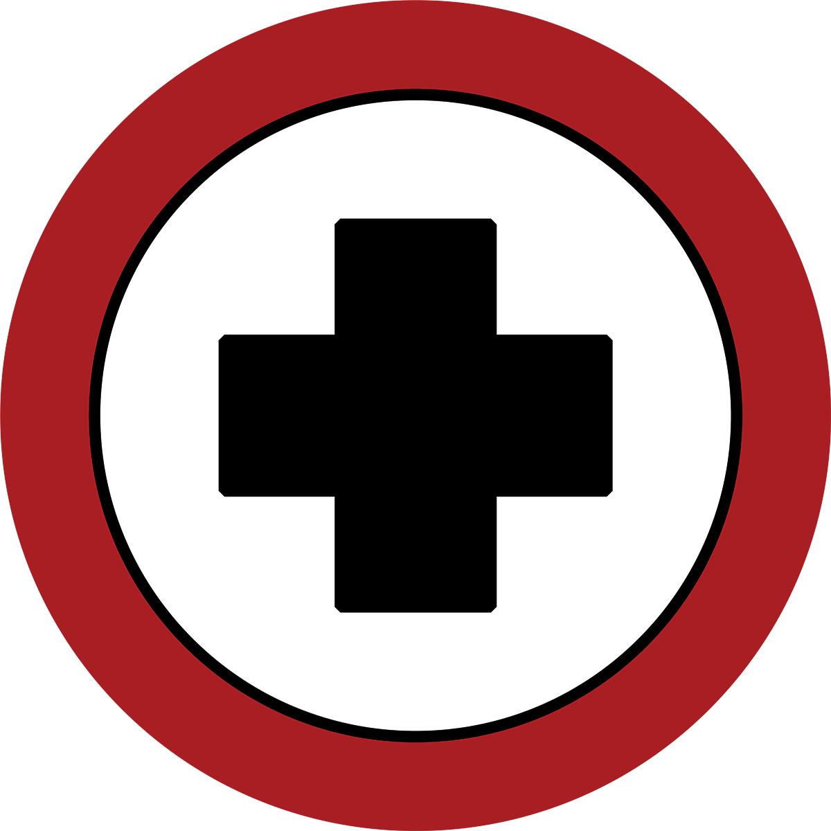 Logo for first aid showing a cross on a white circle on red background.