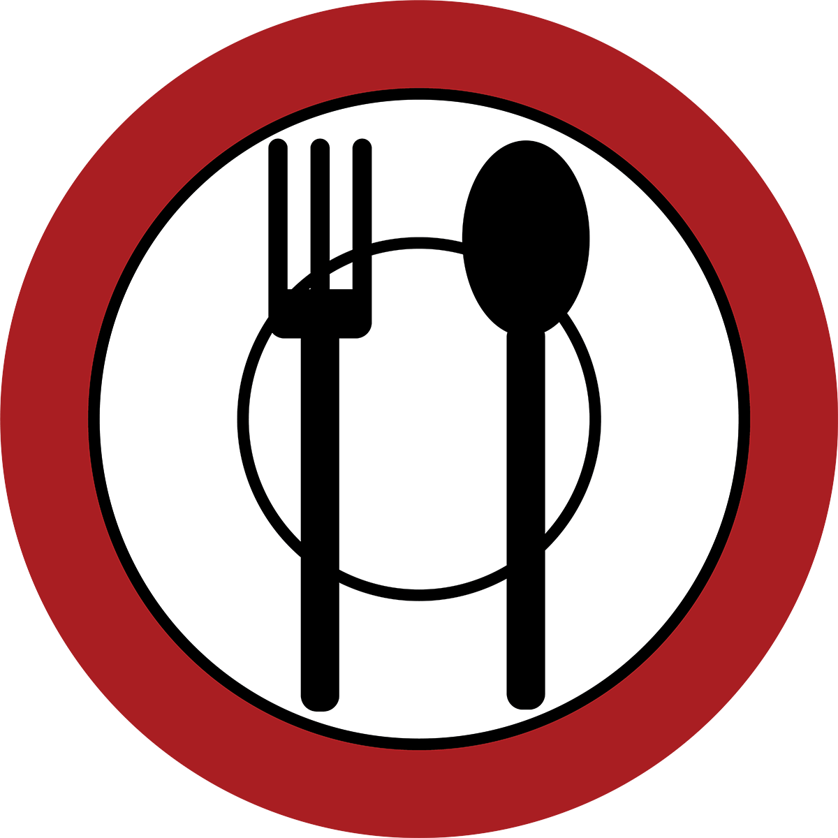 Logo for food and nutrition showing plate, fork, and spoon on red background.