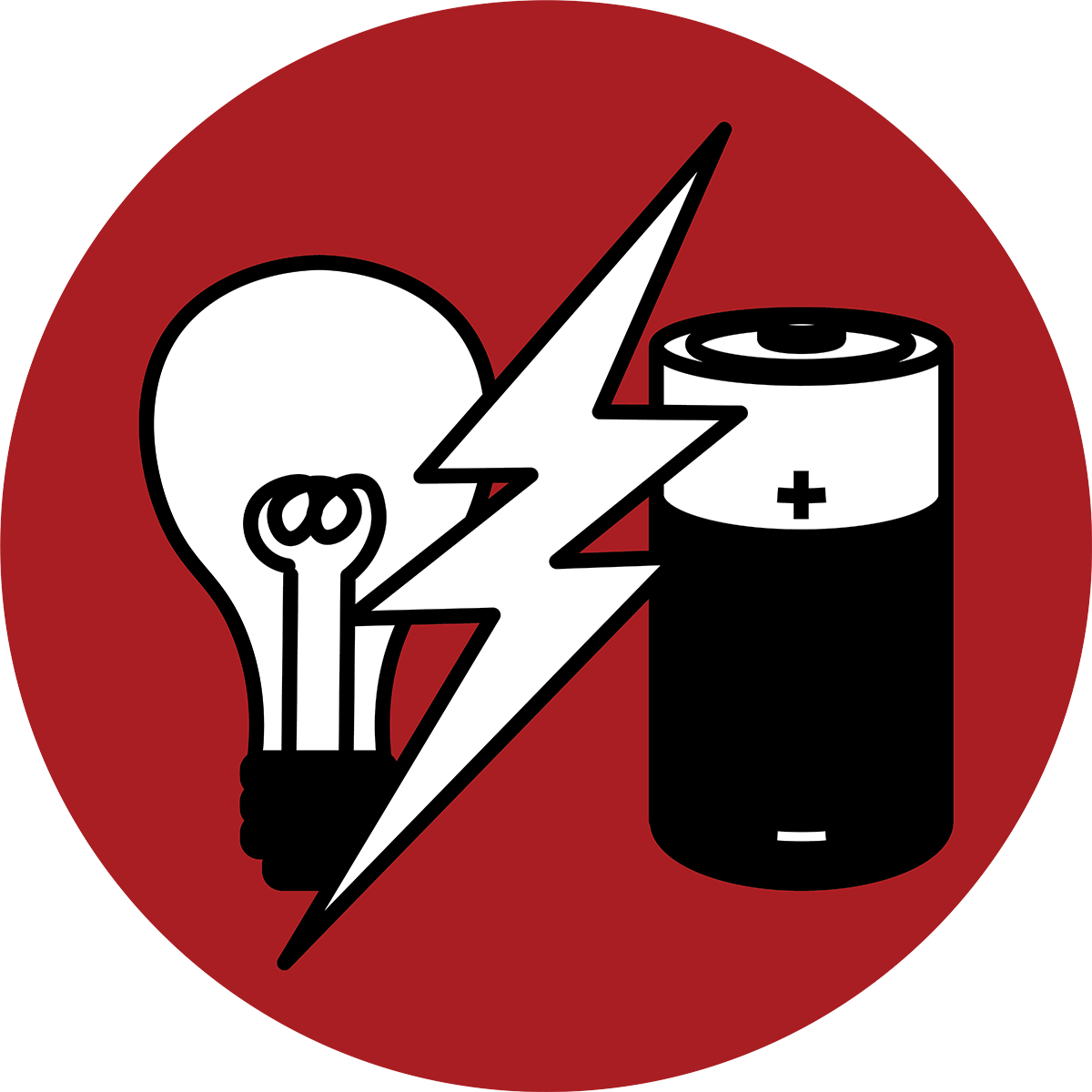 Logo for light and power showing light bulb, battery, and lightning bolt on red background.