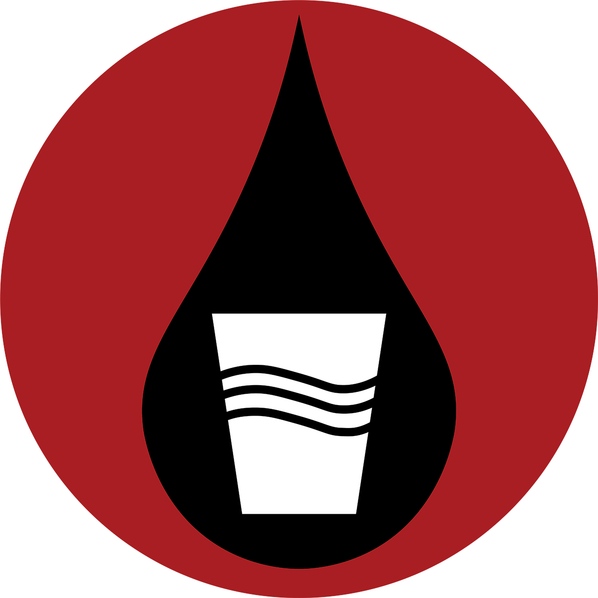 Logo for water storage and treatment showing a drinking cup and water drop on red background.