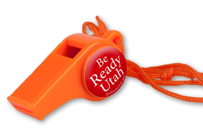 An orange whistle with a red circular badge that reads "Be Ready Utah" attached to an orange lanyard.