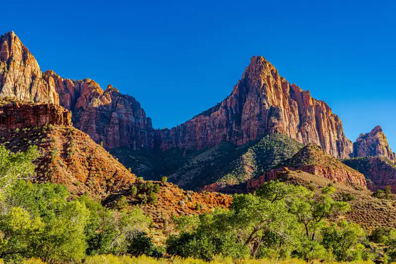 Steep, red cliffs surrounding a canyon in Zion National Park
