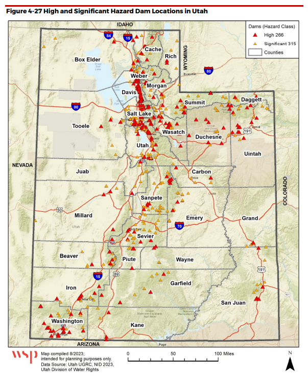 map showcasing the high and significant hazard dam locations in utah