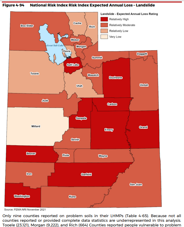 Utah map showcasing the national risk index expected annual loss from landslides