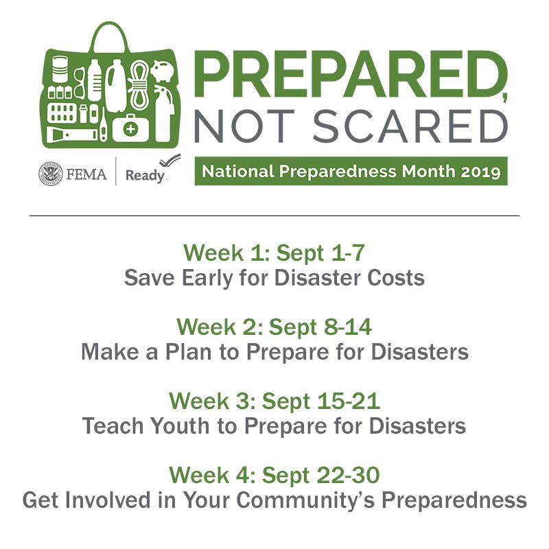 National preparedness month graphic for september
week 1:
save early for disaster costs
Week 2: make a plan to prepare for disasters
Week 3: teach youth to prepare for disasters
Week 4: get involved in your community's preparedness