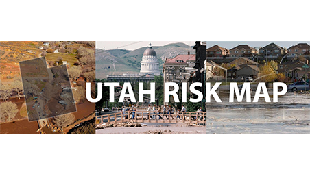 Scenes from 1983 flood down State Street, with white text saying Utah Risk Map